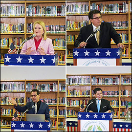 A photo collage of speakers standing at a podium