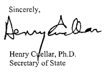Signature of Secretary of State Henry Cuellar