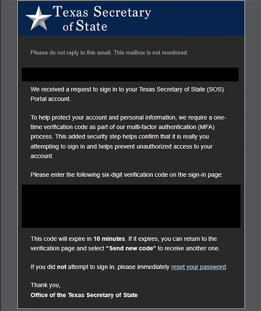 The screenshot of this email includes the language, Please enter the following six-digit verification code on the sign-in page. The code will expire in 10 minutes. If it expires, you can return to the verification page and select new code to receive another one.