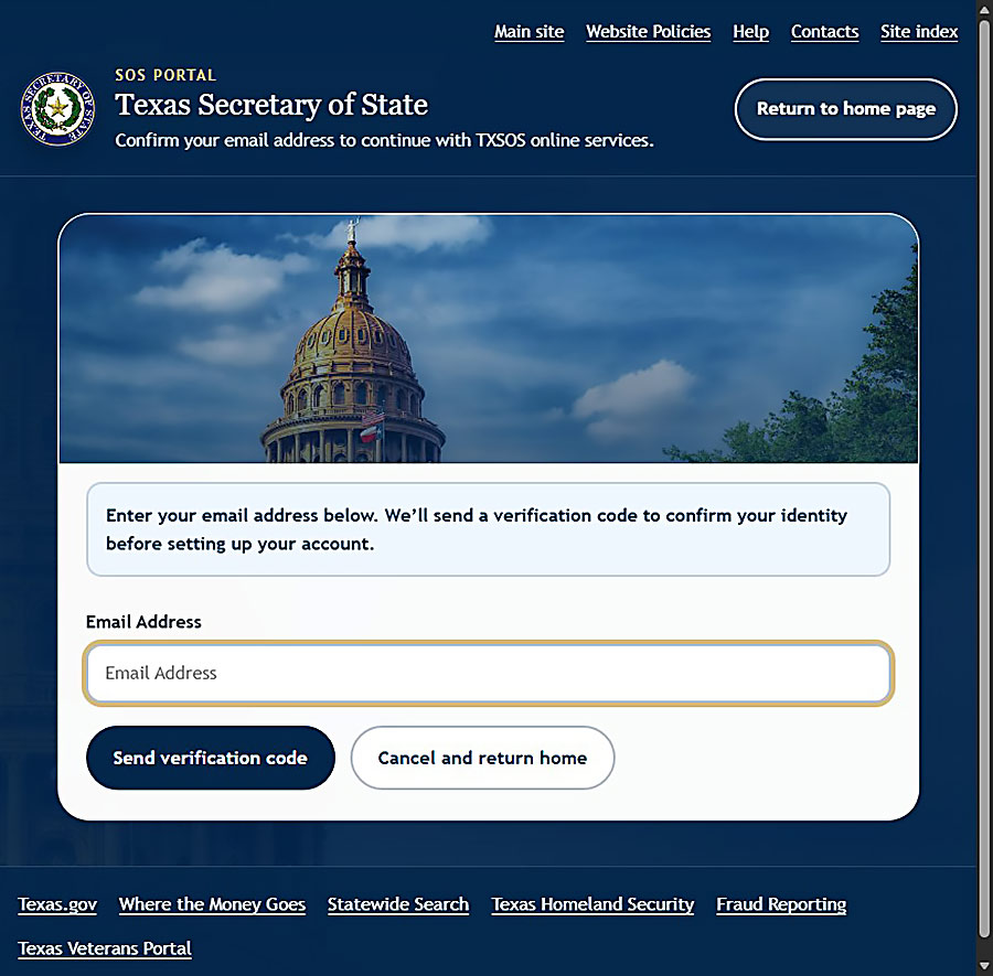 Screen displays an email address field and a Send verfication code button