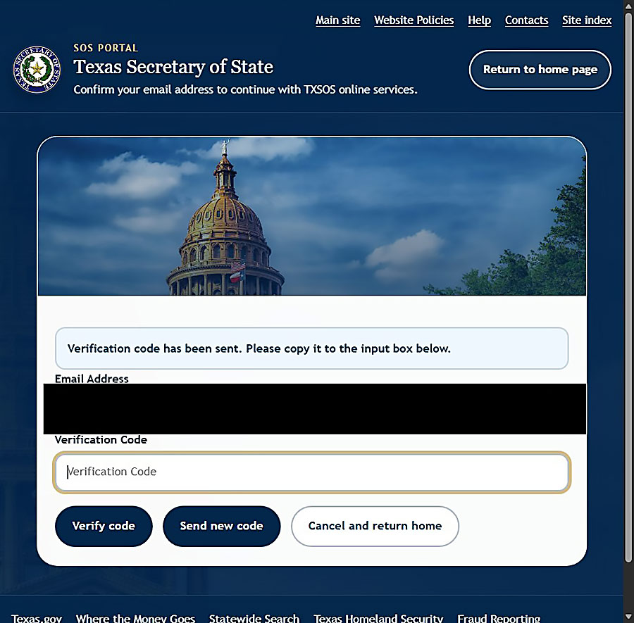 Screen displays the language, Verification code has been sent. Please copy it to the input box below. There is a form field displayed for verification code along with button links for Verify code, Send new code and Cancel and return to home.