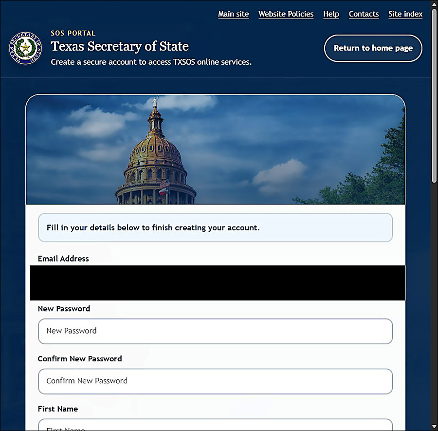 Screen displays new form fields for New Password, Confirm New Password, First Name and other fields.