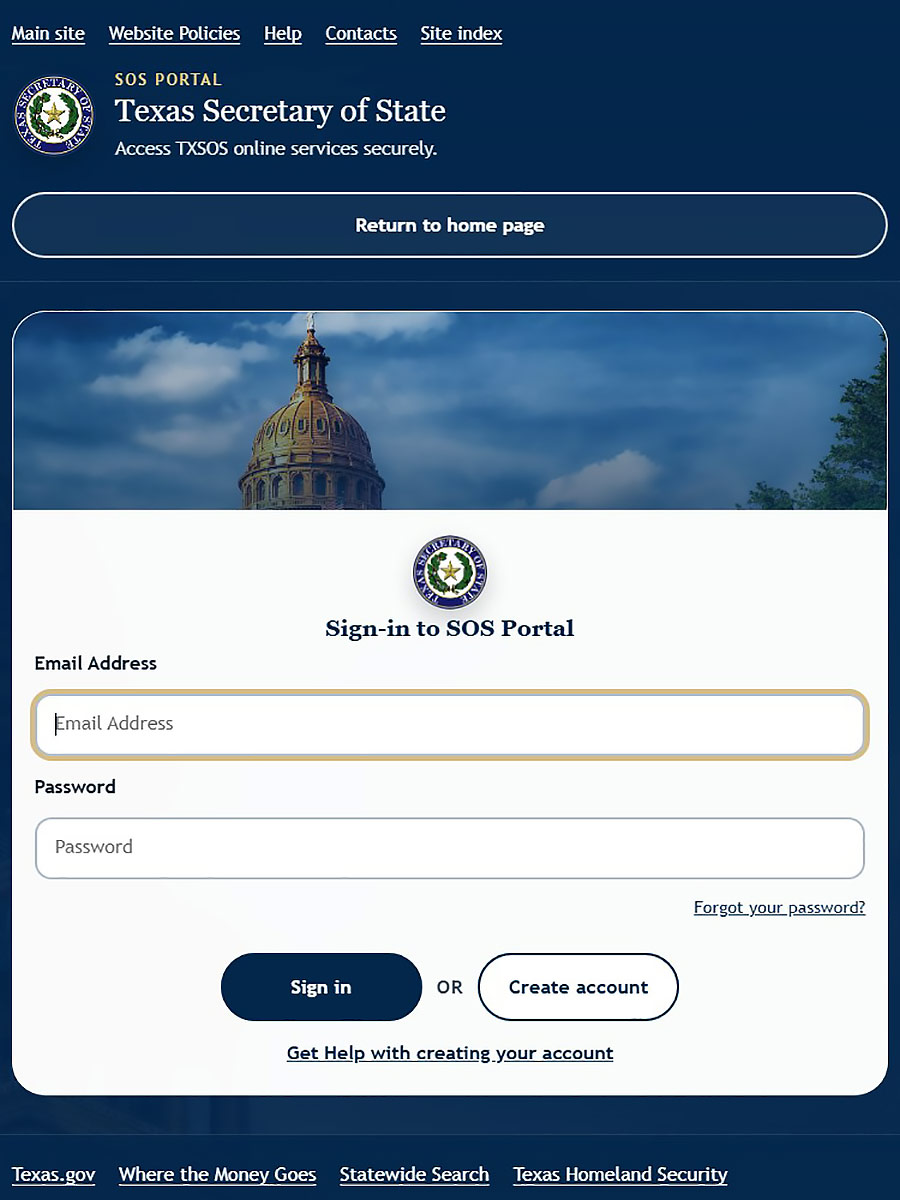 Create Account button appears underneath the email address and password fields.