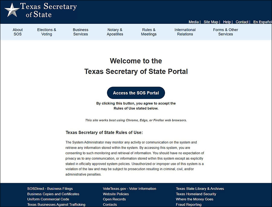 Screenshot of the Texas Secretary of State Portal page. By clickng on this button, you agree to accept the Rules of Use.