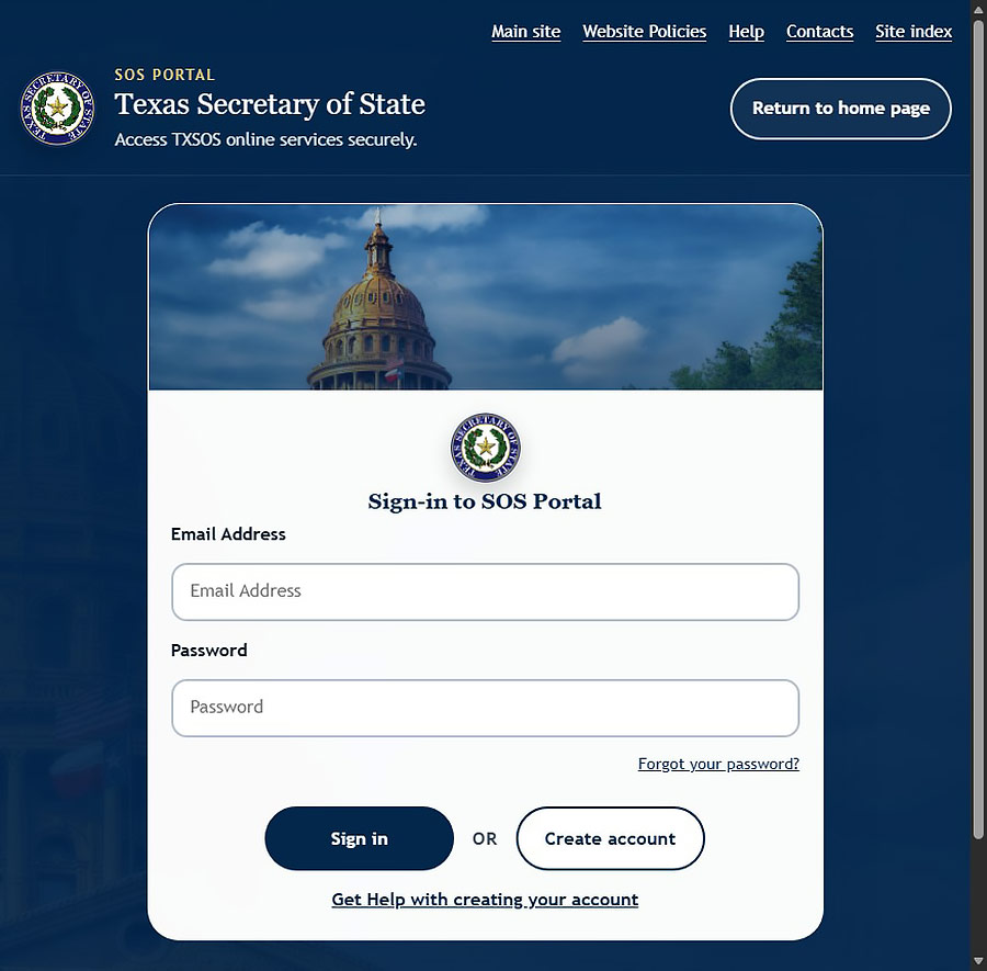 Login screen displays fields for email address and password. Buttons for Sign in and Create account are also displayed.