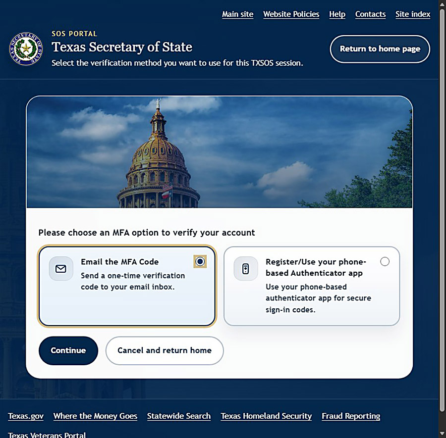 The screen displays the language, Please choose an MFA option to verify your account. There are two radio buttons. The first button is for Email the MFA Code which is selected. The second redio button is for Register/Use your phone based Authenticator app which is not selected.