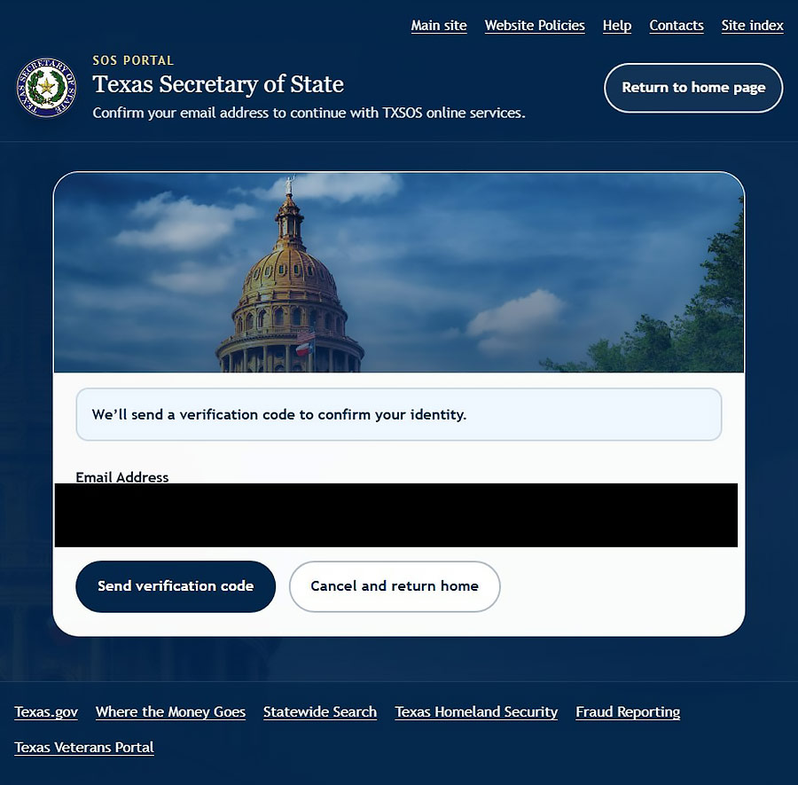 This screen displays the language, Well send a verification code to confirm your identify. The button for Send verification code is displayed below the non-editable email address.