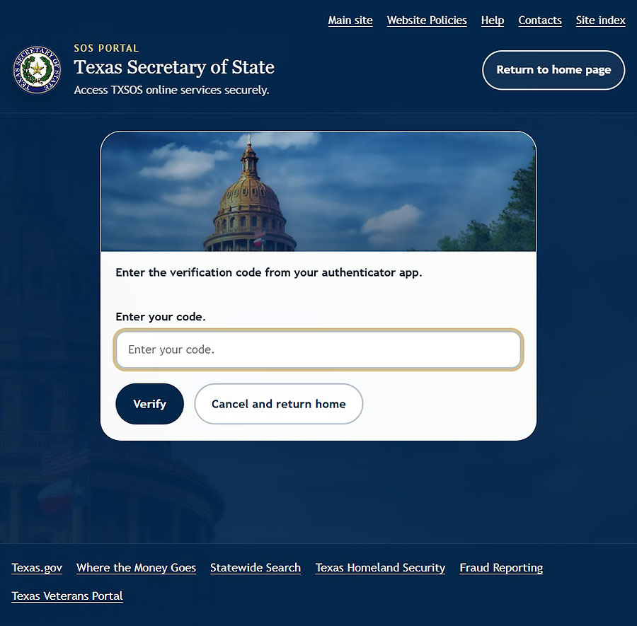 The screen displays the language, Enter the verification code from your authenticator app. A form field for Enter your code is displayed.