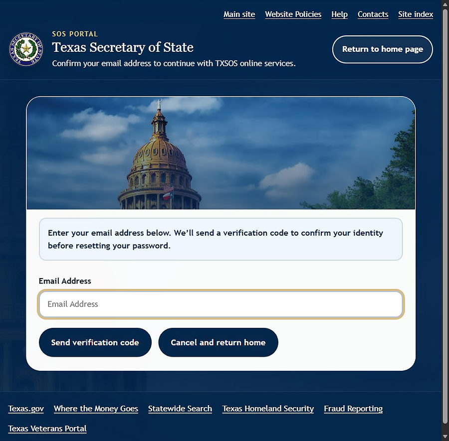 The screen displays the language, Enter your email address below. We'll send a verification code to confirm your identity before resetting your password.