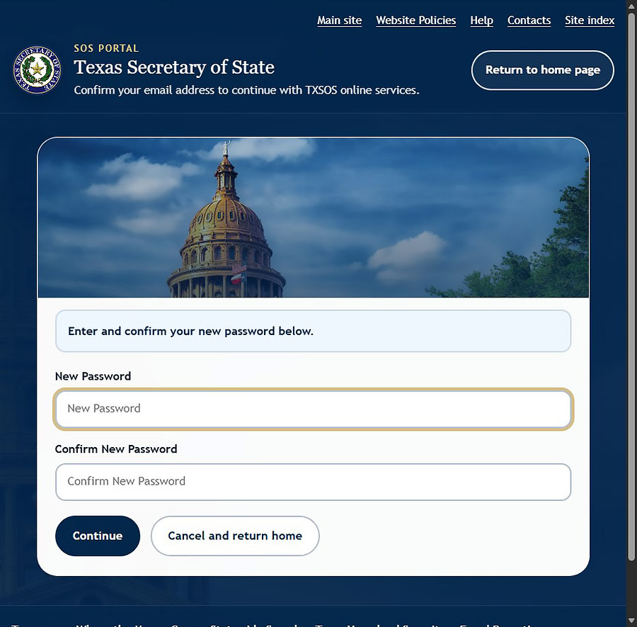 Reset Password screen with New Password and Confirm New Password form fields.