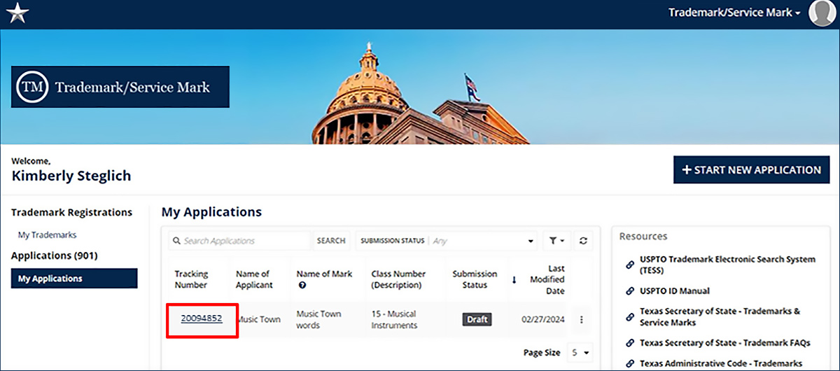 Trademark/ Service Mark My Application screen. You can view your current applications or select the Start New Appliclication button to begin the submission process.